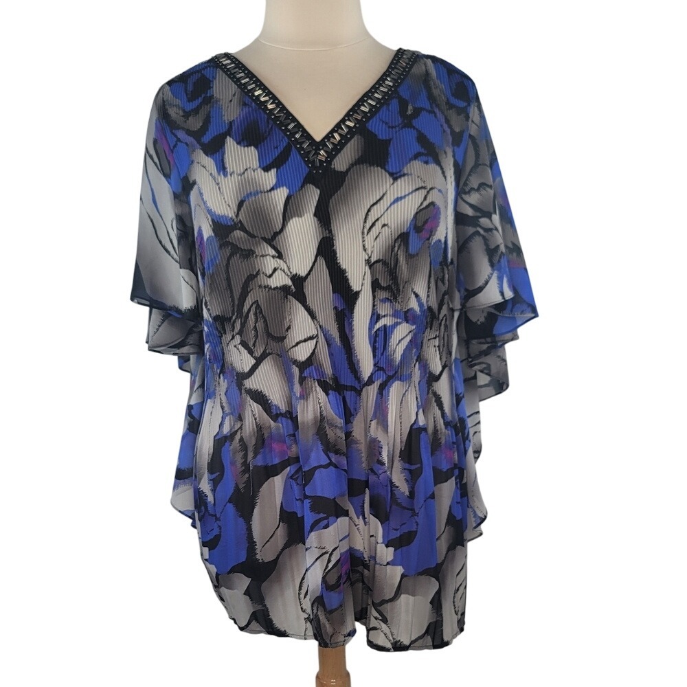 Catherines Elegant Sheer Blue Floral Blouse